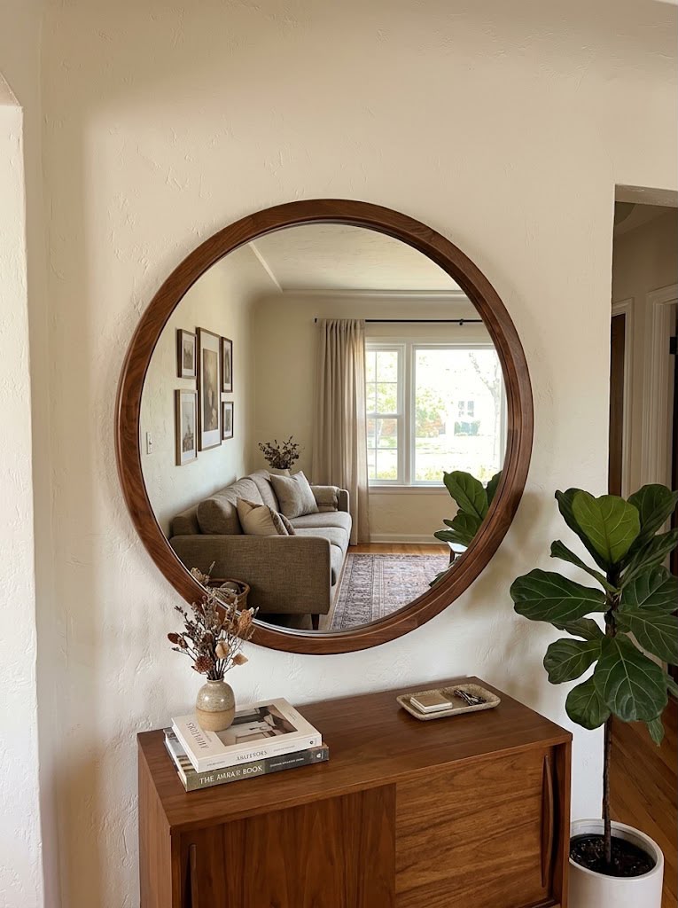 teak wood round mirror in solid wood
