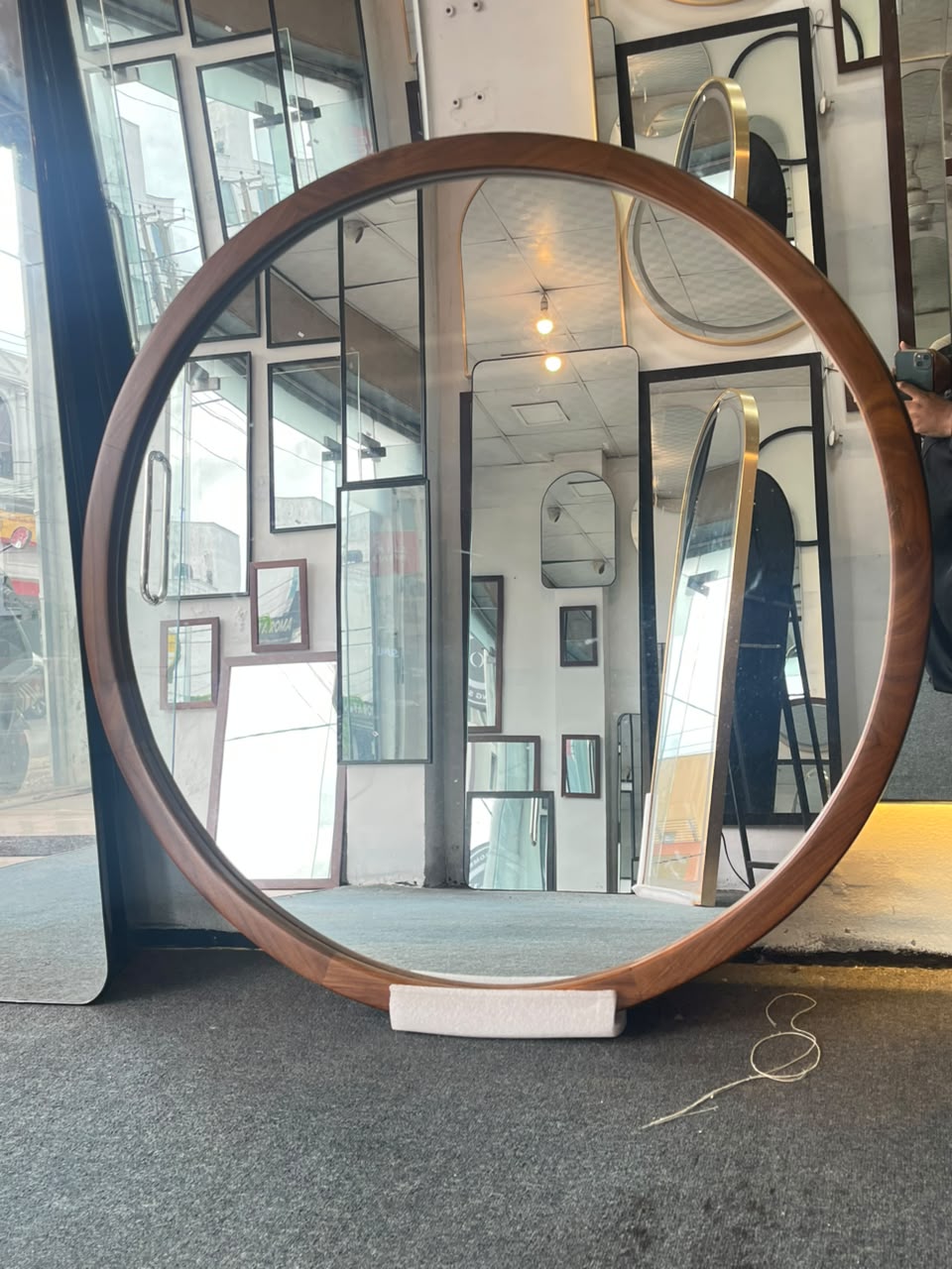 teak wood round mirror